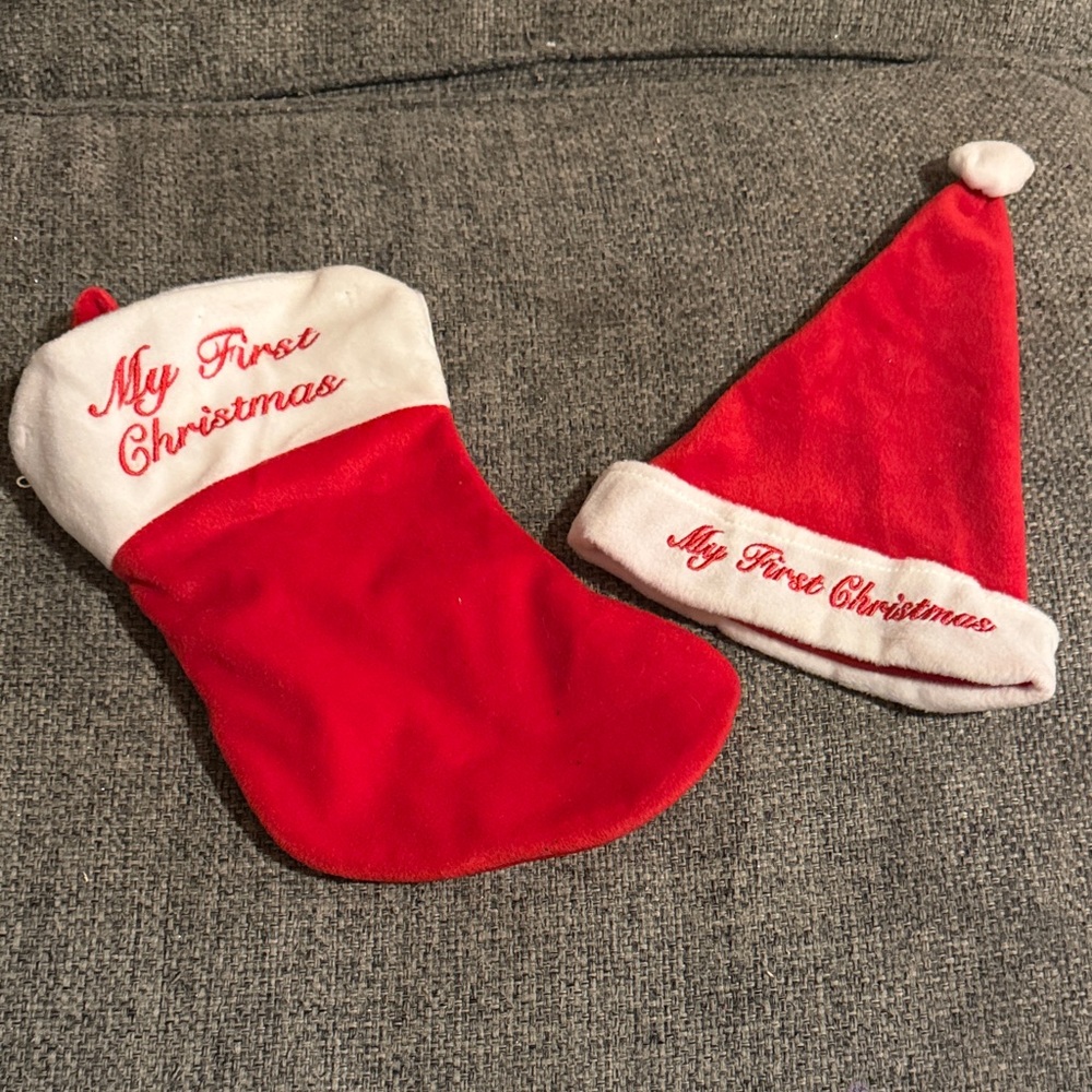 Red and White 'My First Christmas' Stocking and Hat Set